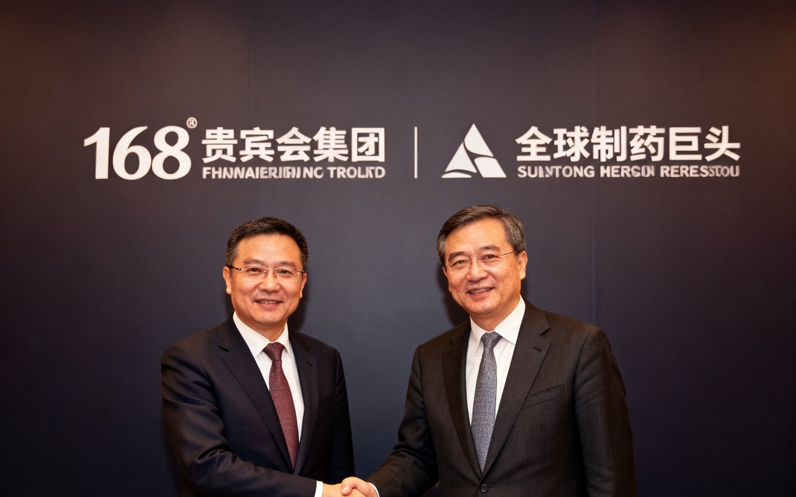 168贵宾会集团与某全球制药巨头签约仪式，双方代表在深色背景板前握手，背景板展示两家企业的品牌标识